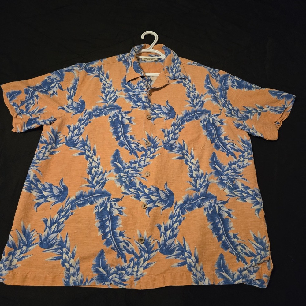 Caribbean Silk Button Down Shirt Mens Large Orange Blue Tropical‎ Leaf Excellent